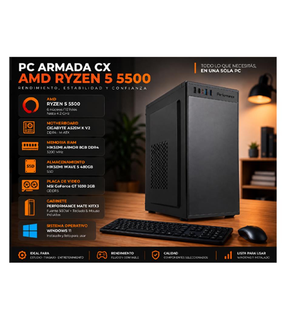 PC ARMADA RYZEN 5 5500 8GB RAM 480GB SSD TECLADO & MOUSE