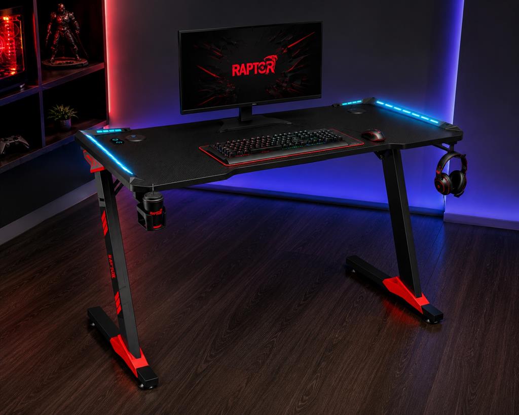 ESCRITORIO GAMER RAPTOR GLOW STATION SE RGB VIA USB C/ PORTAVASOS + PORTA AURICULAR