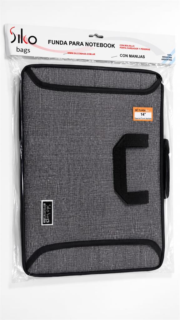 FUNDA NOTEBOOK 14 PULGADAS CON MANIJAS + BOLSILLO P/ CARGADOR -  GRIS DE TELA