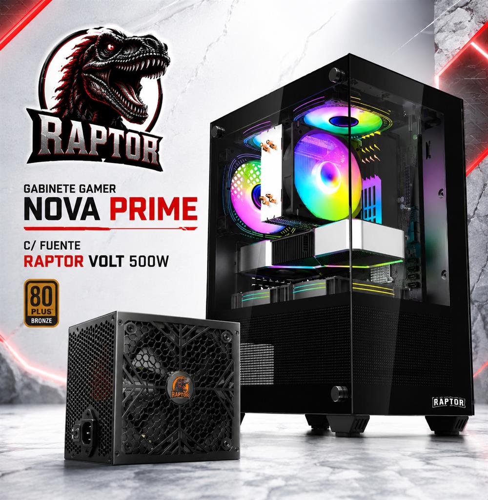 GABINETE GAMER NOVA PRIME C/ FUENTE RAPTOR VOLT 500W 80+ BRONZE