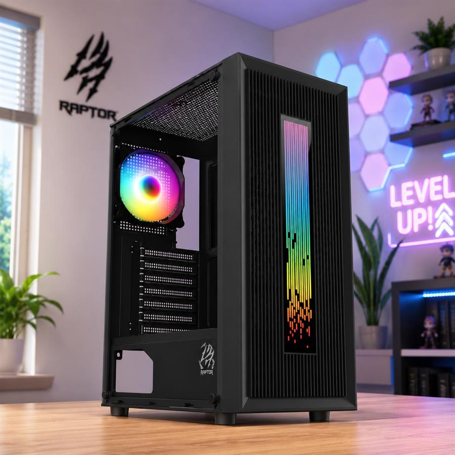 GABINETE VORTEX TG MID-TOWER RGB BLACK FAN x1 + LED FRONTAL W/BUTTON CONTROL