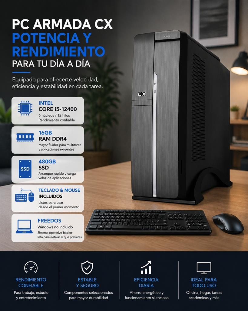 PC ARMADA CX  INTEL CORE I5-12400 16GB RAM 480GB SSD TECLADO & MOUSE FREEDOS
