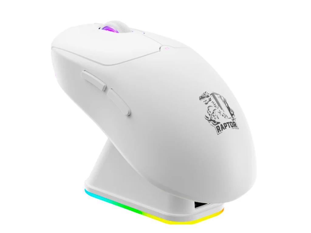 MOUSE RAPTOR STORM GRIP INALAMBRICO 4 BOTONES 24MIL DPI C/ BASE CARGADORA BLANCA