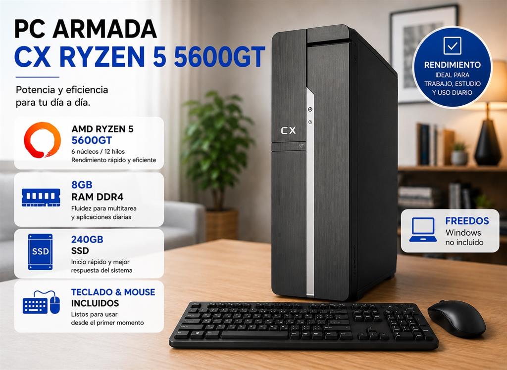 PC ARMADA CX RYZEN 5 5600GT 8GB RAM 240GB SSD  - TECLADO & MOUSE - FREEDOS